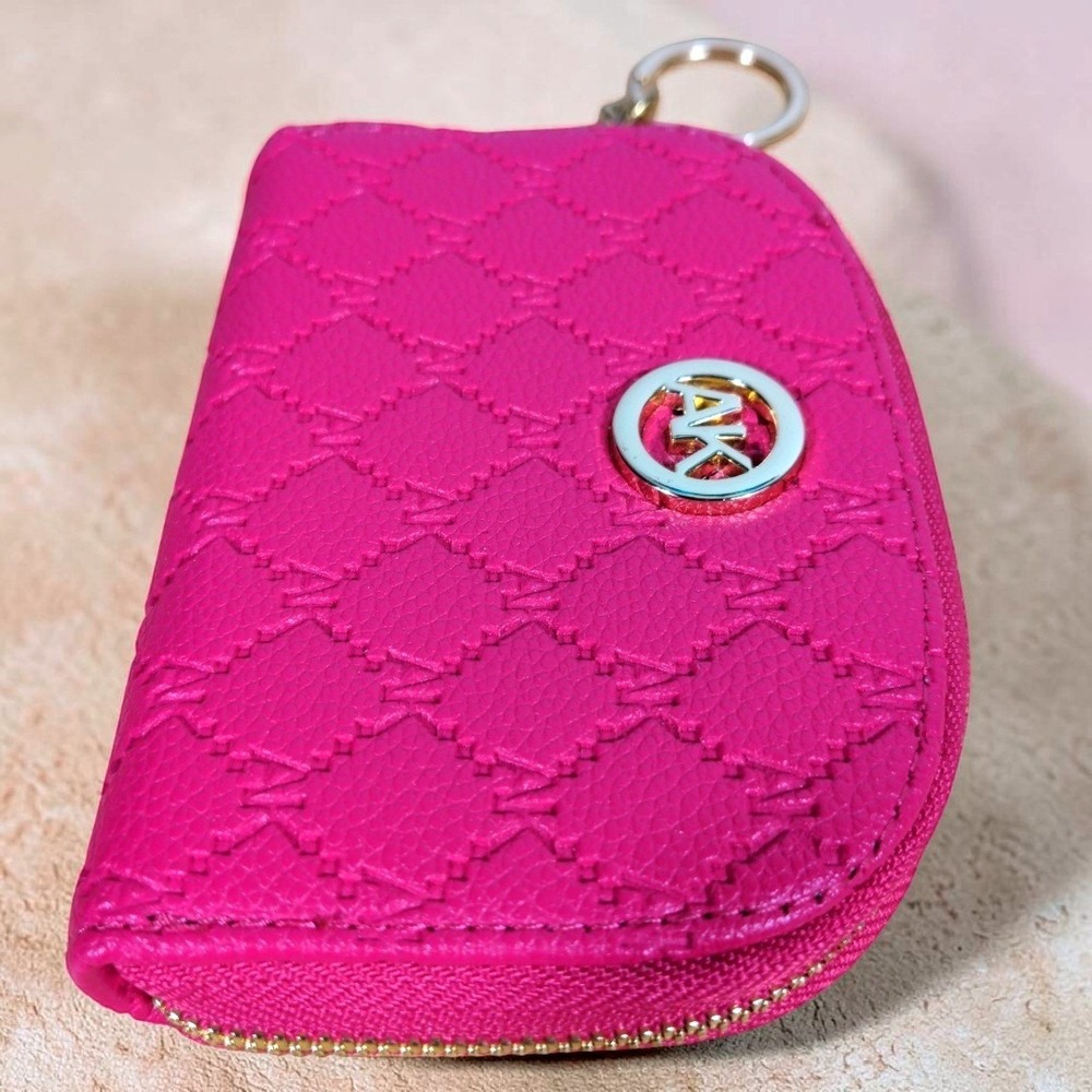 Anne Klein AK Monogram Card Case Wallet‎ Keychain Pink Faux Leather Zip Small